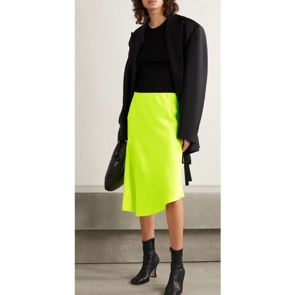 HELMUT LANG | LUXURY ASYMMETRIC WO GRUNGE/MODERN SATIN SKIRT NEON YELLOW | SIZE0 - Picture 1 of 12